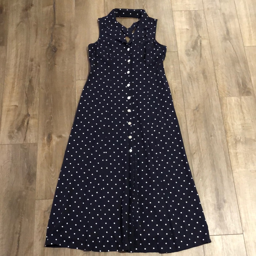 Vintage SHERI MARTIN New York - Navy Polka Dot Sleeveless Dress - Picture 3 of 12